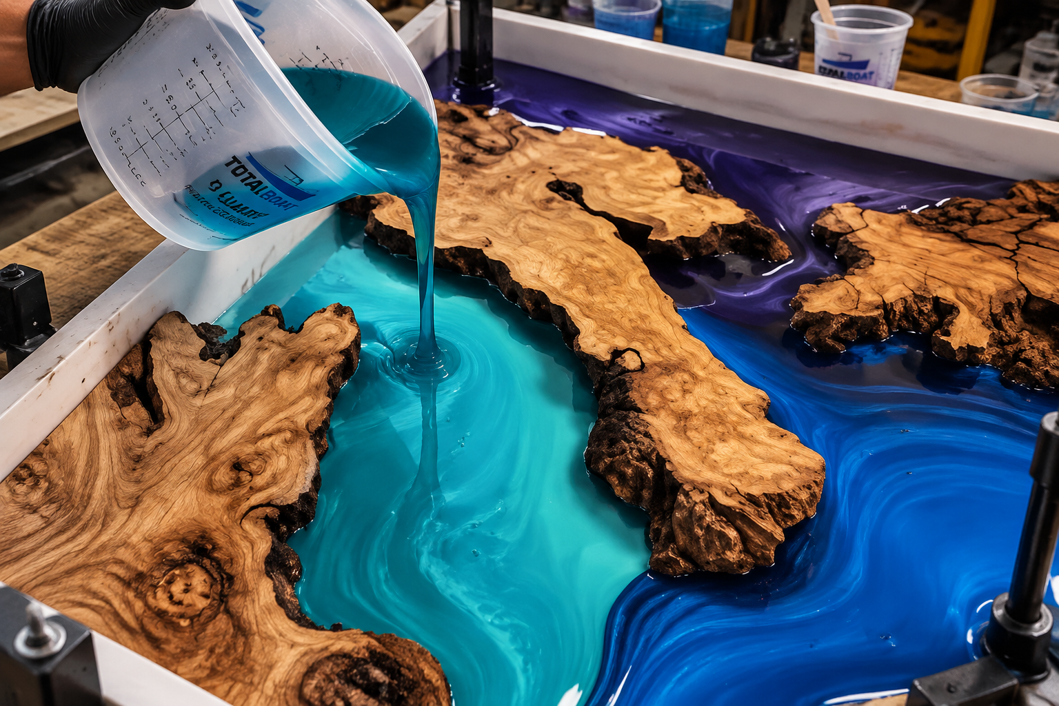 Resinas pigmentadas em turquesa, azul e roxo sendo despejadas entre peças de madeira