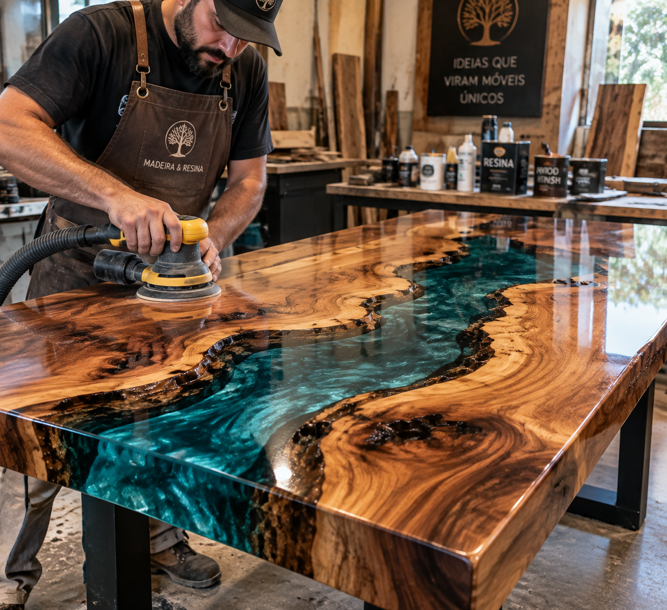 Marceneiro com equipamento de proteção lixando uma mesa de resina na oficina