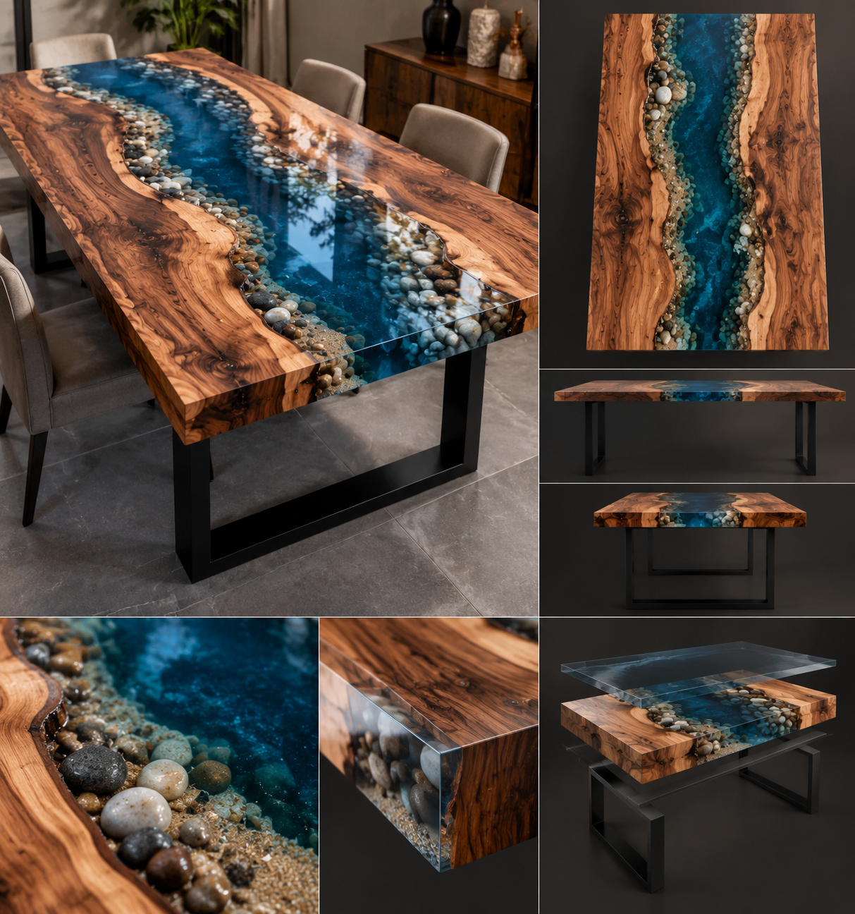 Mesa de resina pronta com efeito de mar turquesa, areia e pedras naturais