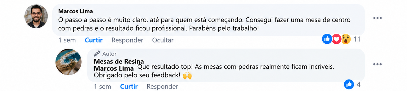 Print do depoimento 3 de cliente sobre o material de Mesas de Resina