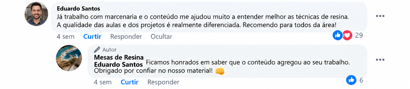 Print do depoimento 4 de cliente sobre o material de Mesas de Resina