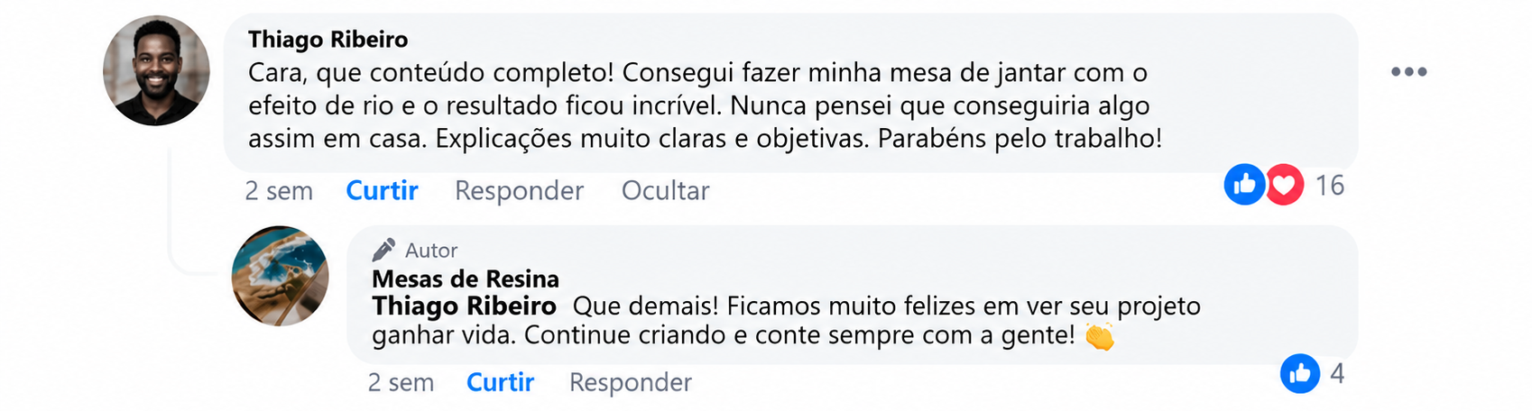 Print do depoimento 5 de cliente sobre o material de Mesas de Resina