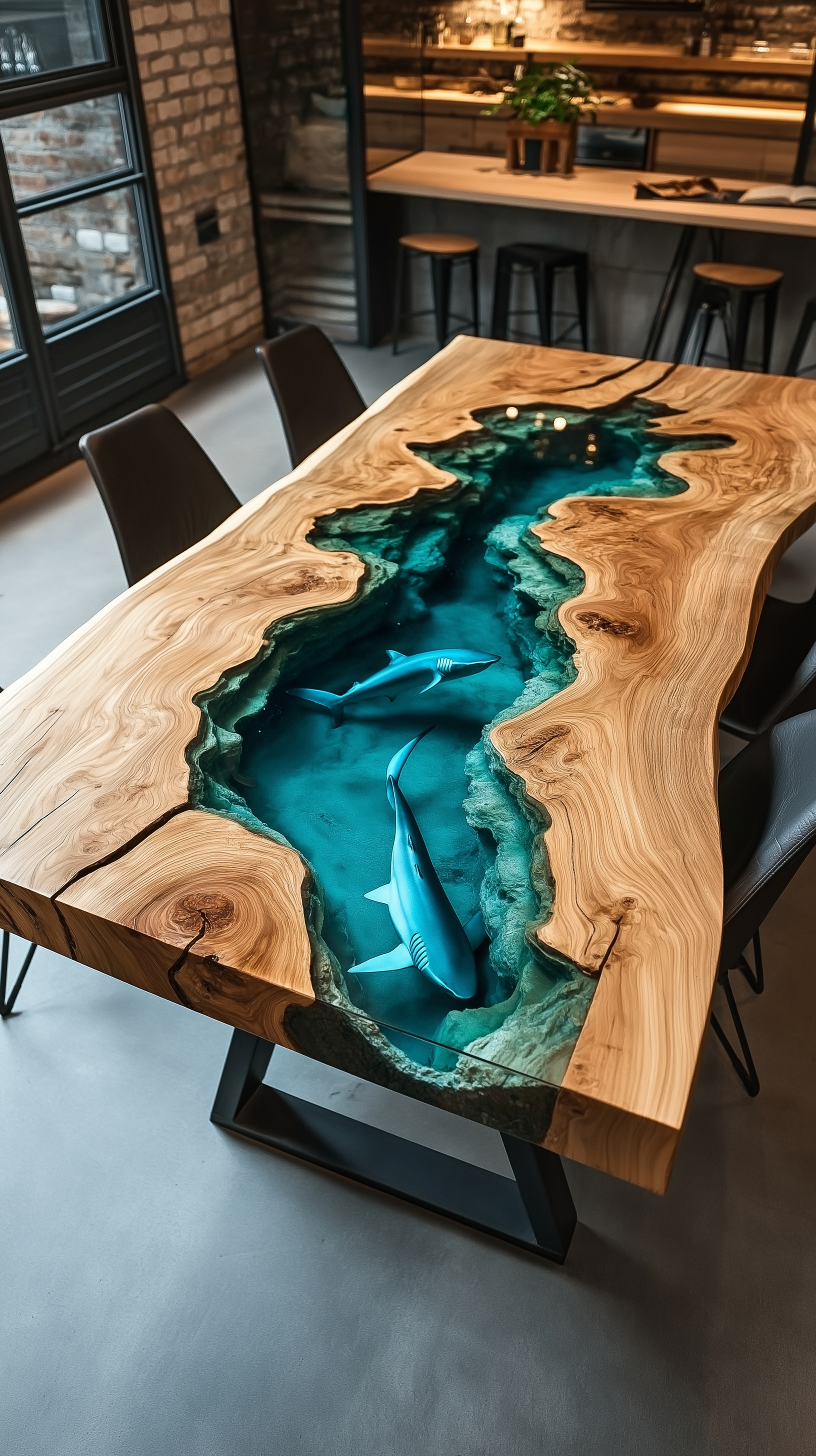 Mesa River Table de nogueira com bordas naturais e rio de resina epóxi turquesa
