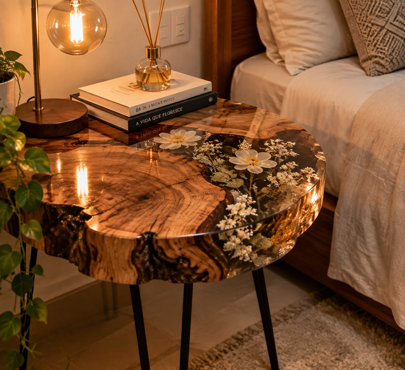 Mesa de resina integrada à decoração de um quarto