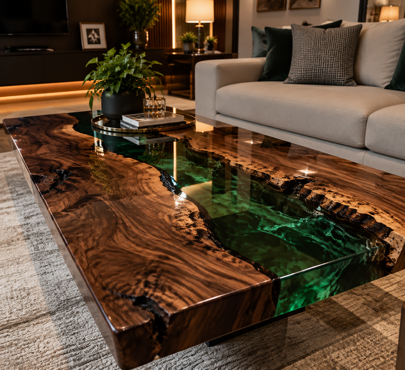 Mesa de resina em uma sala de estar contemporânea