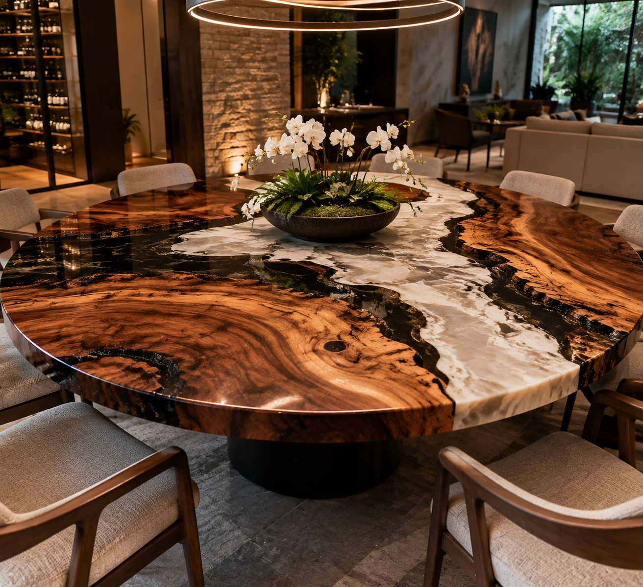 Mesa de resina compondo uma sala de jantar elegante